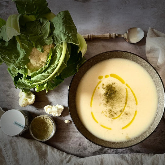 Cauliflower and Blue Cheese Soup w Smoked Kelp