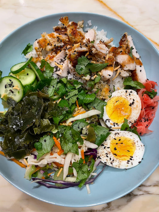 Katsu chicken bowl recipe with boiled egg and Wakame
