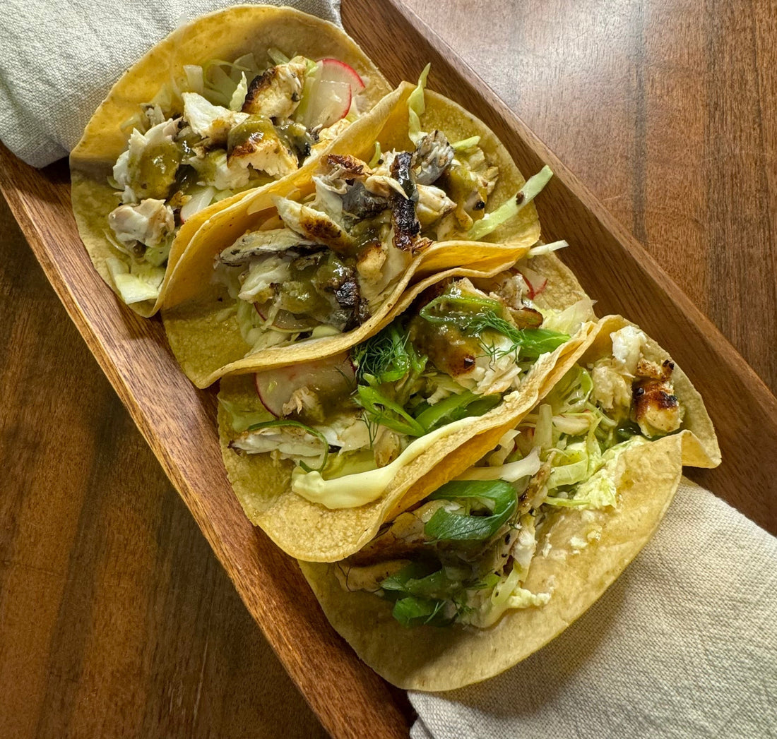 Recipe for umami fish tacos with Southern Seagreens Wakame Hot Sauce